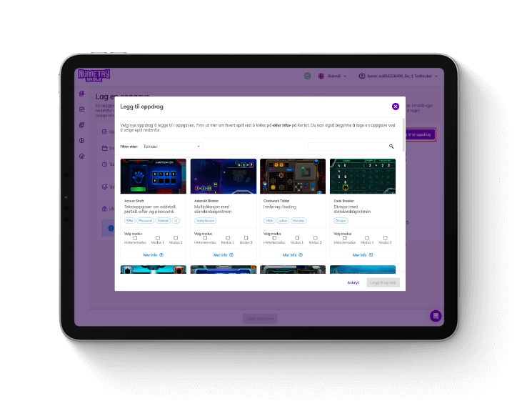 En iPad med skjermbilde fra Numetrys Lærerporta