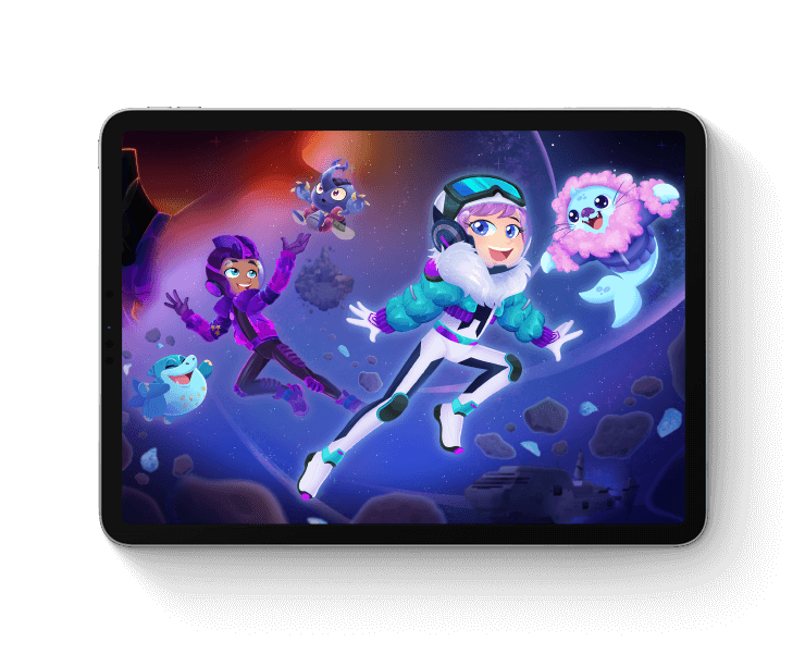 En iPad med bilde av karakterer og pets fra Numetry som svever i verdensrommet